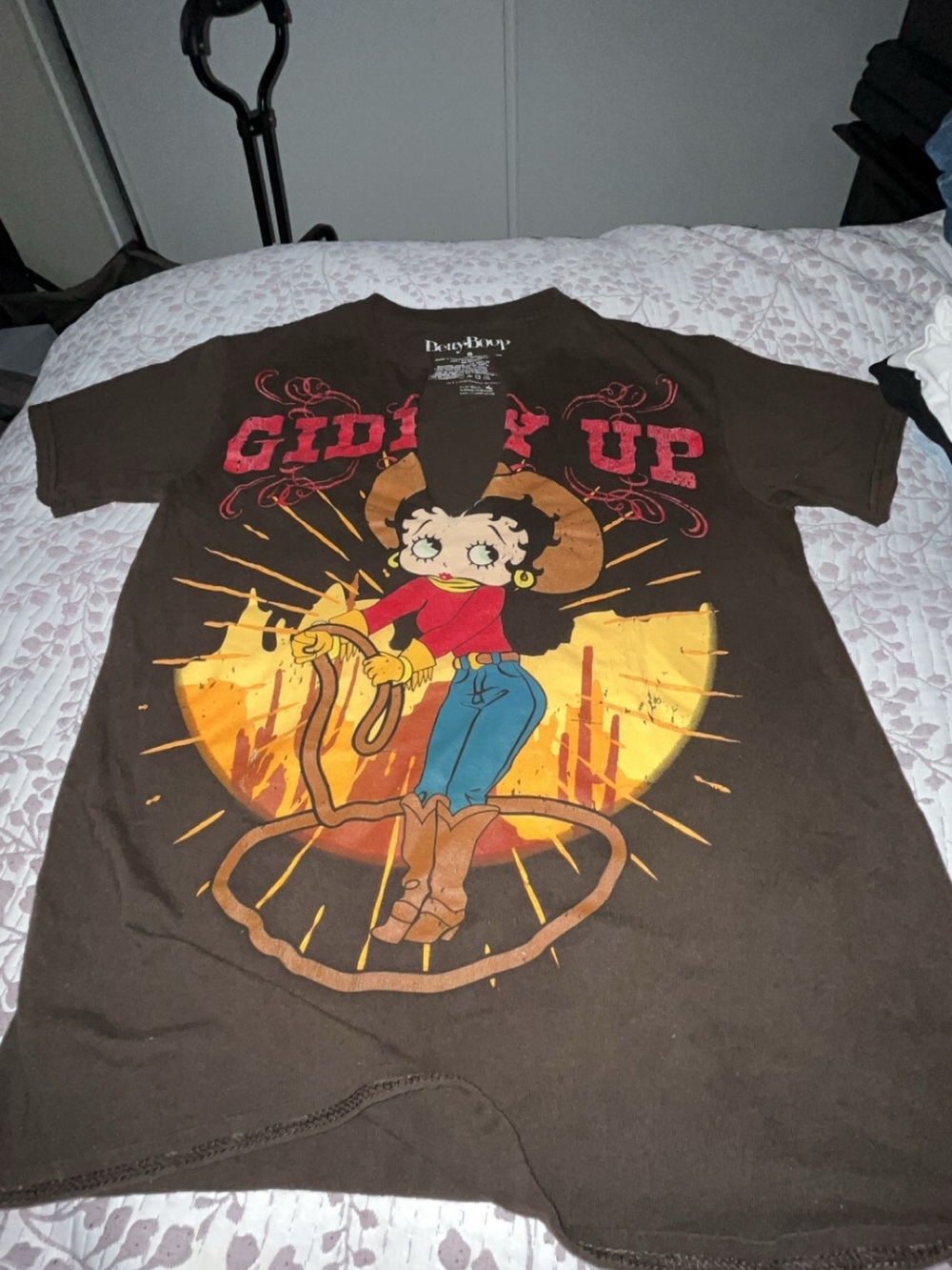 Betty Boop Brown Short Sleeve Tee with Red, Yellow & Blue Graphic